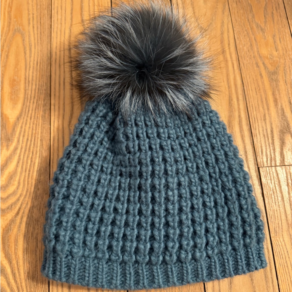 Blue Wool hat with fox fur pom